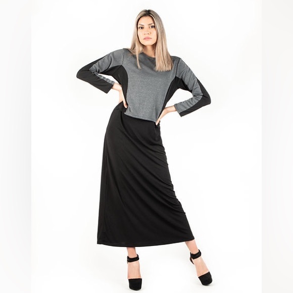 DEVORAH'S SECRET Maxi Dress Robe Hidden Nursing Flap Gray Sparkle With  Black - Picture 4 of 4